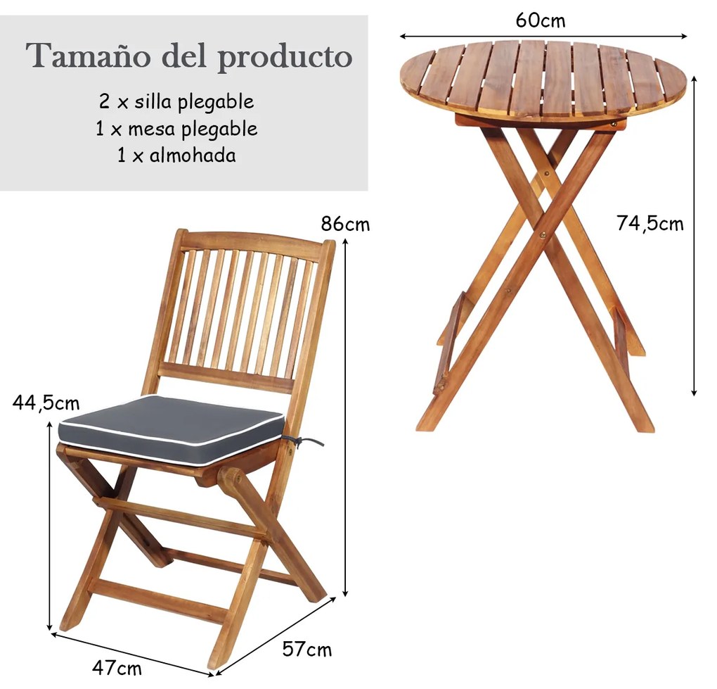 Conjunto dobrável para Jardim Bistro Mesa e cadeiras de madeira dobráveis com almofadas macias para terraço jardim Cinzento e Castanho