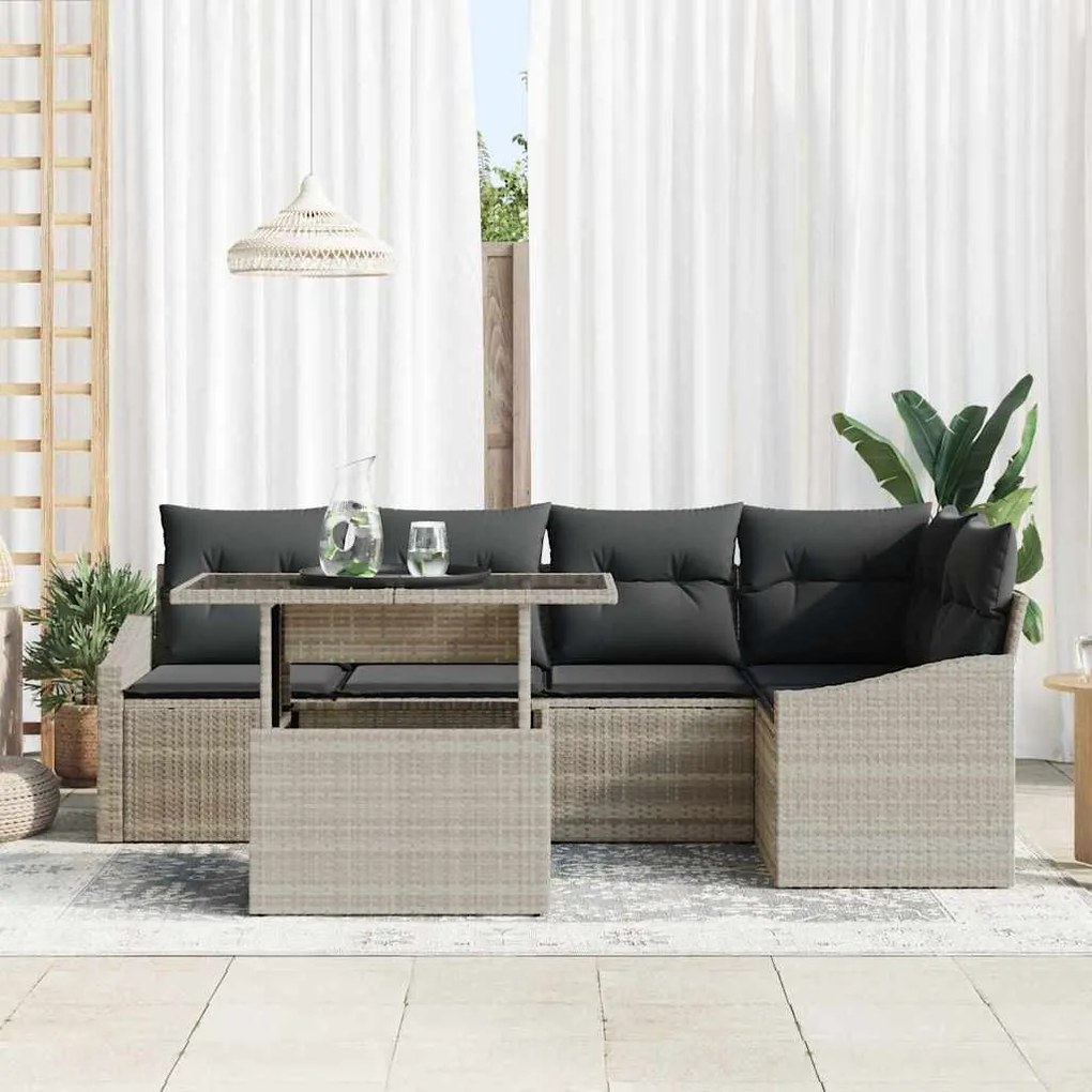 Conjunto de Sofá de Jardim com 6 Peças e Almofadas Cinza Claro em Ratt