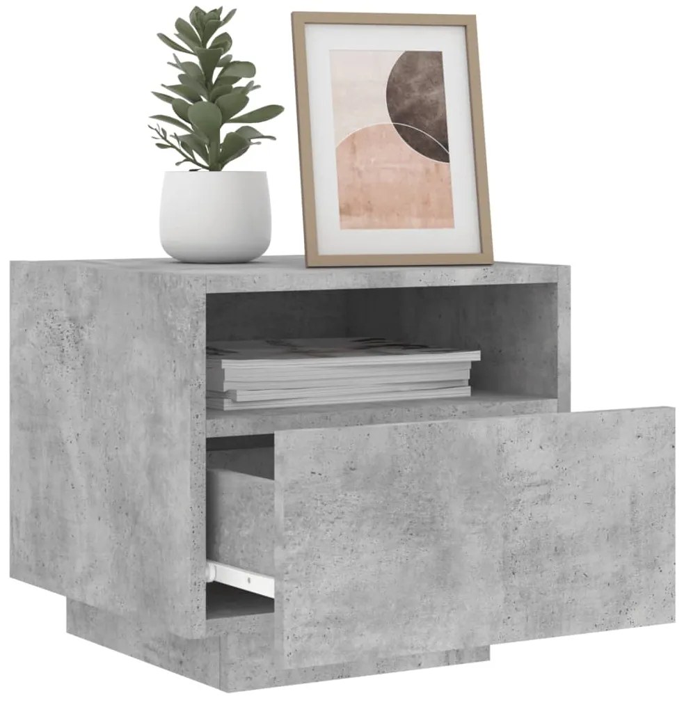 Mesa de cabeceira com luzes LED 40x39x37 cm cinzento-cimento