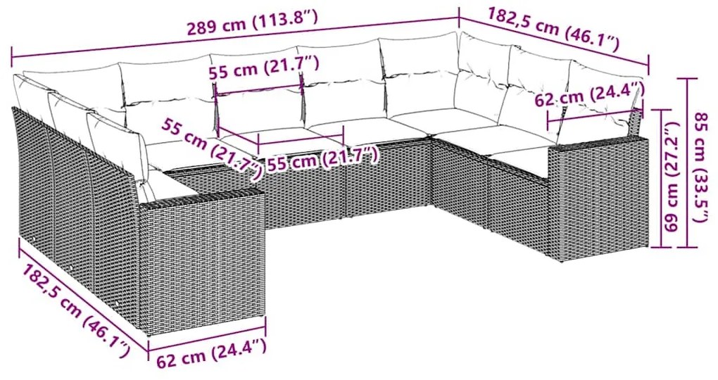 9 pcs conjunto sofás p/ jardim c/ almofadões vime PE castanho