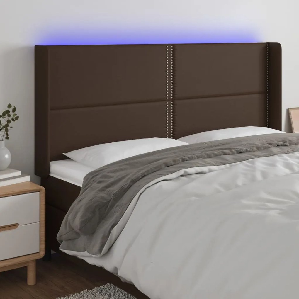 vidaXL Cabeceira cama c/ LED couro artif. 183x16x118/128 cm castanho