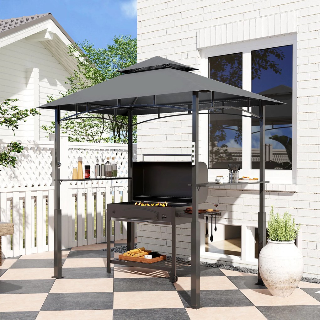 Tenda para churrasco de dois andares com cobertura para jardim e iluminação LED, 240 x 150 x 250 cm(GRELHADOR NÃO INCLUIDO), cinzento escuro