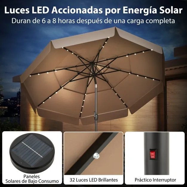 Guarda-sol solar de 300 cm com 32 luzes LED, parte superior ventilada com 3 níveis e ajuste de inclinação - castanho