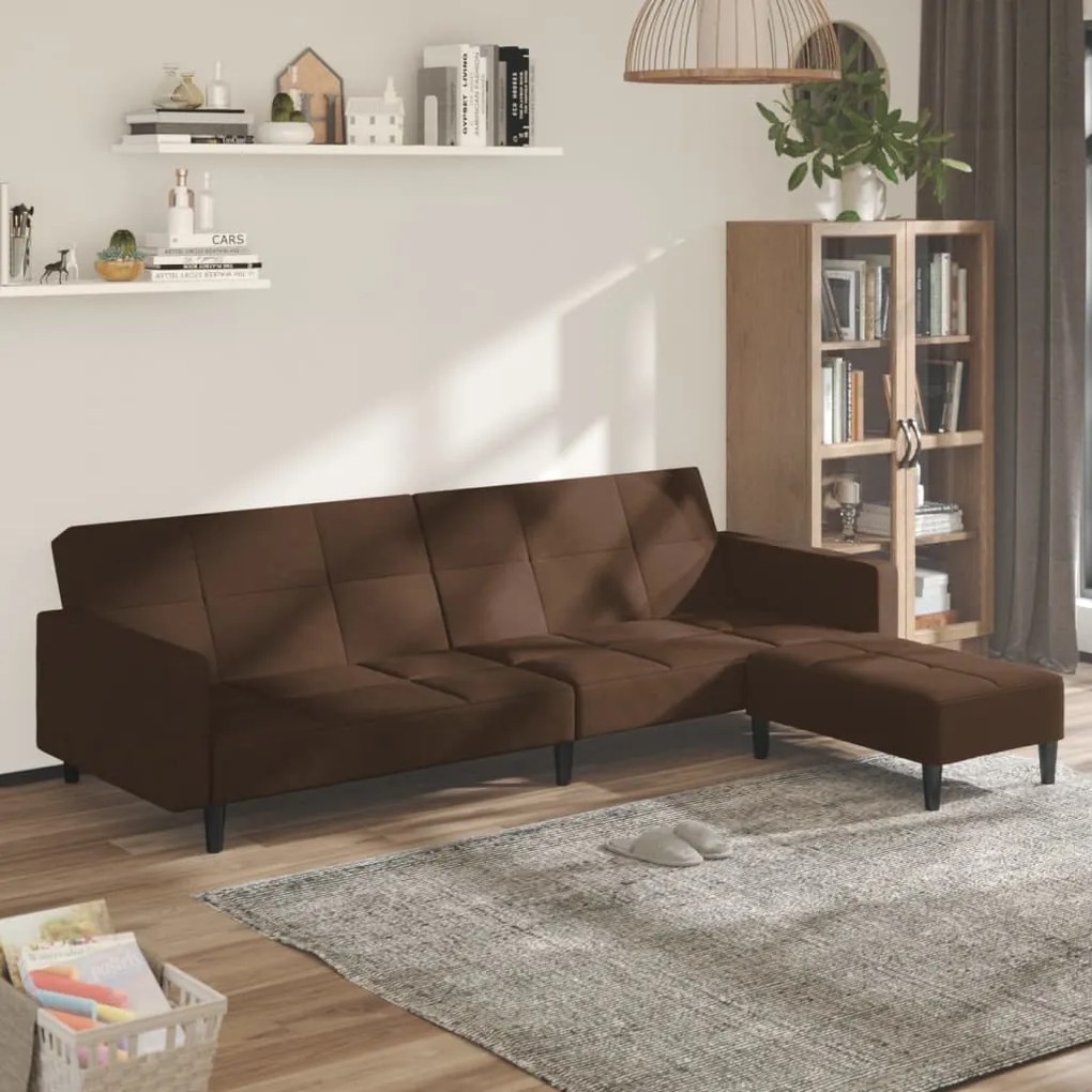 vidaXL Sofá-cama 2 lugares com banco tecido de microfibra castanho