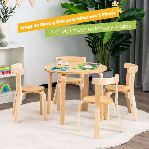 Conjunto de mesa e cadeira para crianças de 5 peças Mesa de actividades para crianças com 4 cadeiras Mobiliário infantil para o lar natural