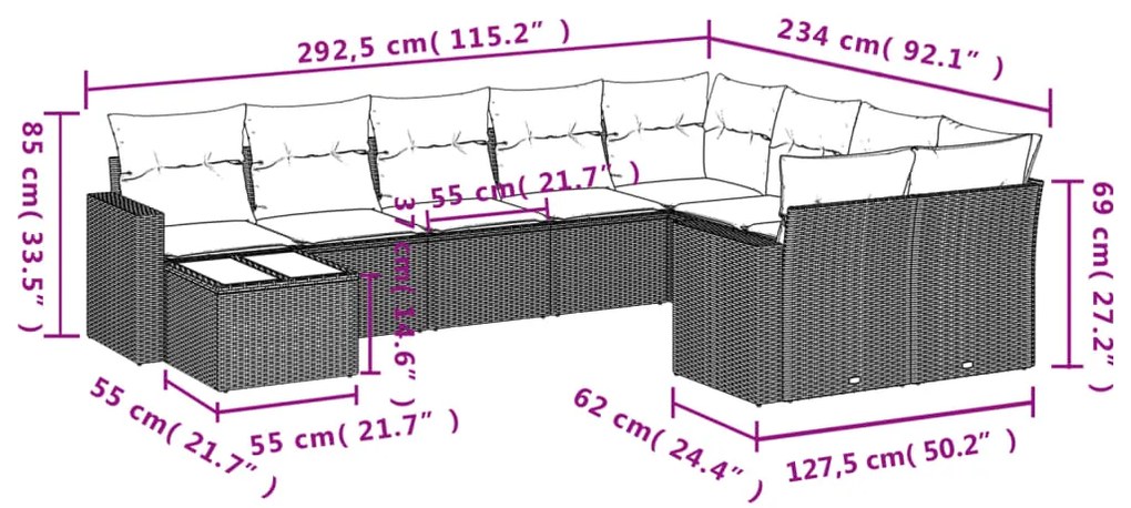 10 pcs conjunto sofás de jardim c/ almofadões vime PE cinzento