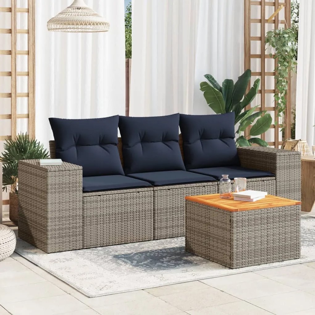 vidaXL 4 pcs conjunto sofás p/ jardim c/ almofadões vime PE cinzento
