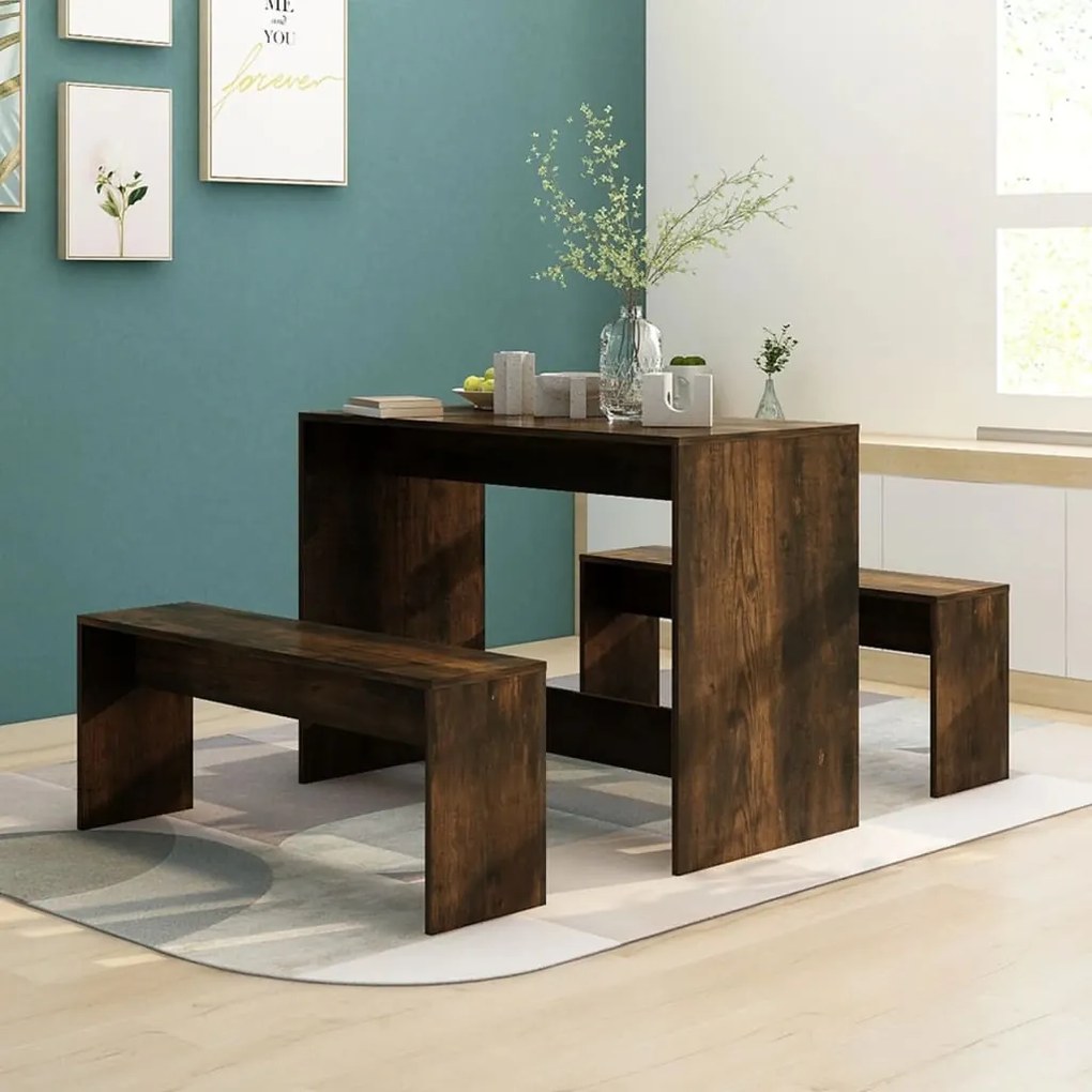 812969 vidaXL 3 pcs conjunto de jantar contraplacado cor carvalho fumado