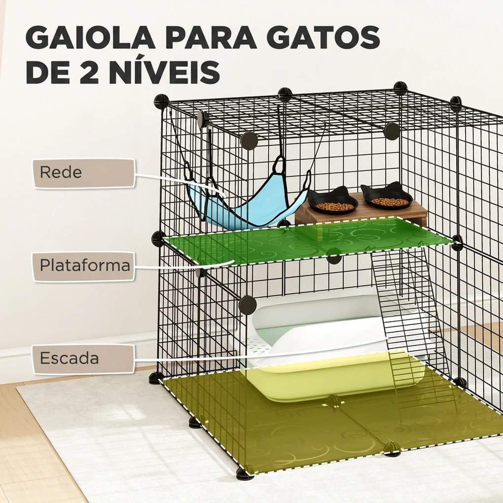 Gaiola Interior para Gatos de 2 Níveis em Aço com 2 Portas Escada e Rede 70x70x70 cm Preta