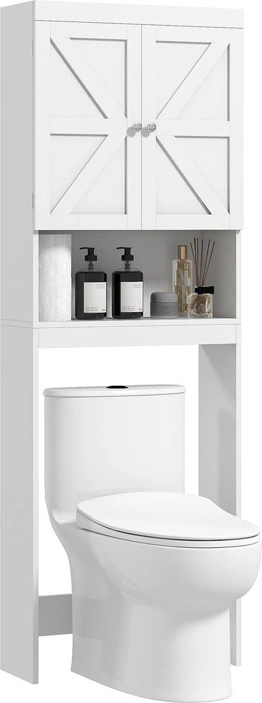 Armário de arrumação para colocar em cima da sanita, móvel de casa de banho com 2 portas e prateleiras, 58,5 L x 23 L x 170 A cm, branco