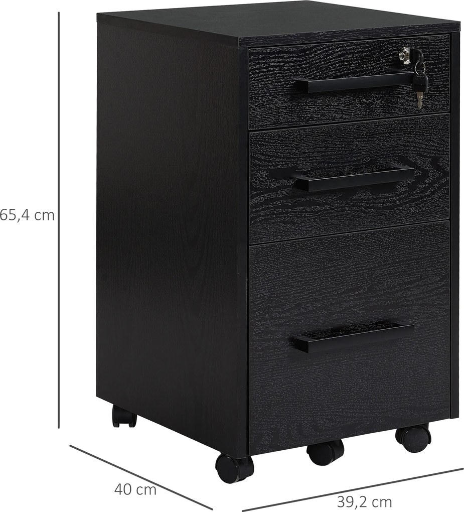 Bloco de gavetas de secretária com rodas, 3 gavetas (1 com fechadura) e 1 organizador de pastas, em MDF (painéis de partículas) preto