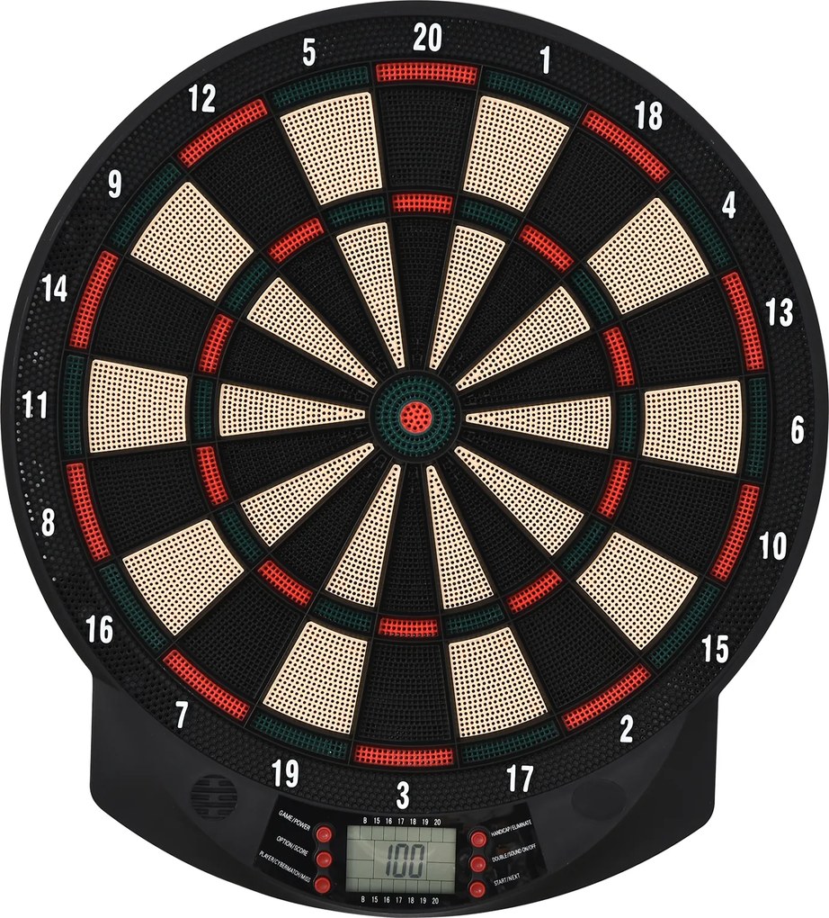 Alvo eletrónico de dardos com 26 jogos principais e 185 variações de jogos, para 8 jogadores, 30 dardos, ecrã LCD e altifalante, cor preta