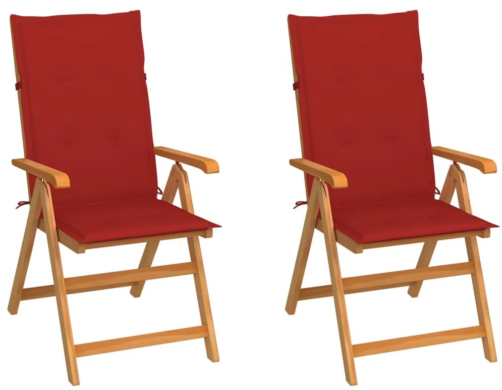 vidaXL Cadeiras de jardim c/ almofadões vermelhos 2 pcs teca maciça