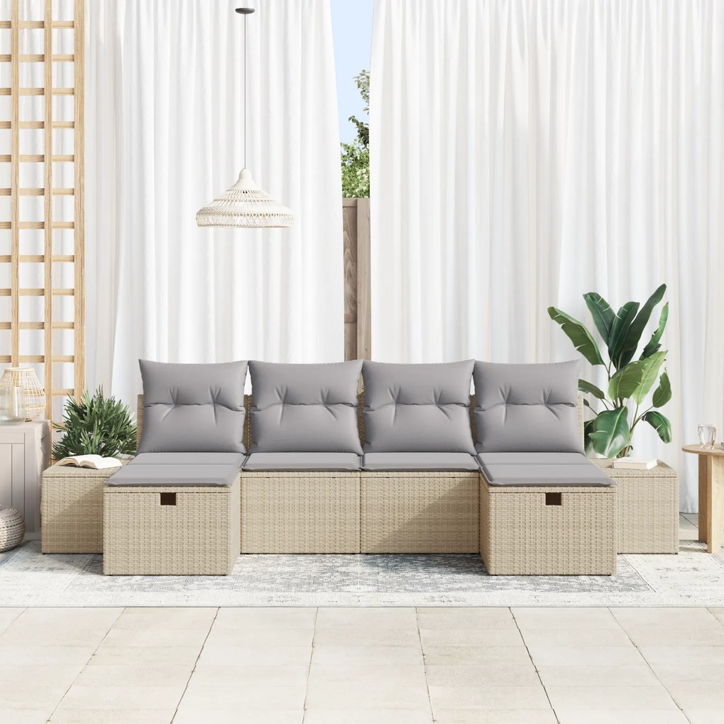 Conjunto de Sofás de Jardim de 6 Peças com Almofadas Bege Polirattan