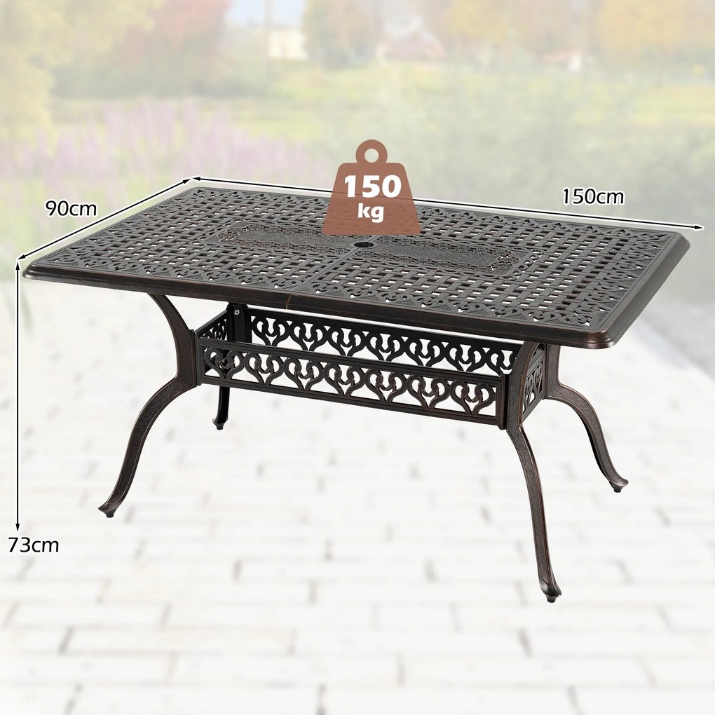 Mesa de Jantar de Exterior (CADEIRAS NÃO INCLUIDAS), 150 x 90 x 73 cm, Furo para Guarda-Sol, Bronze