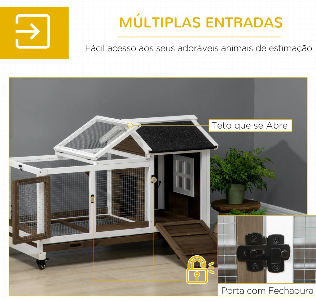 PawHut Coelheira de Madeira com Rodas 108x58x73,5cm Gaiola para 1-2 Coelhos com Teto Abatível Cerca Metálica Bandeja Amovível Portas com Trava e Rampa Marrom Café e Branco