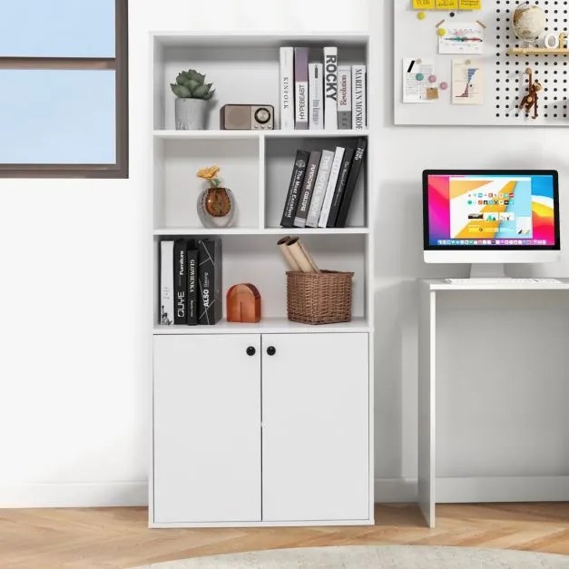 Estante de 5 níveis 70 x 29,5 x 155 cm com portas duplas, cubos abertos e prateleira ajustável 155 cm para sala, quarto, escritório Branco
