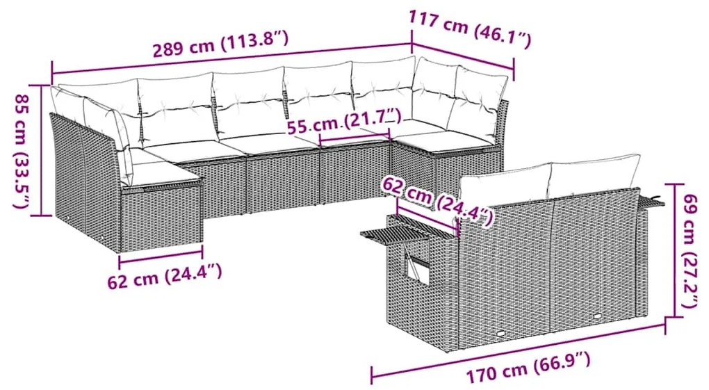 9 pcs conjunto sofás p/ jardim c/ almofadões vime PE castanho