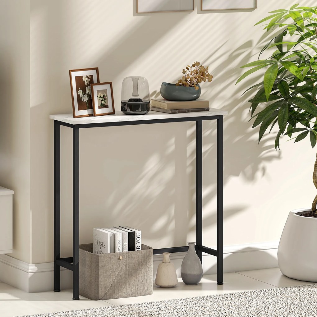 Mesa Consola Moderna Consola Estreita com Superfície com Efeito Mármore e Estrutura de Metal 75x24x76 cm Branco e Preto