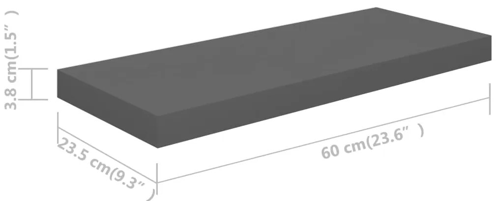 Prateleira de parede suspensa 60x23,5x3,8 cm MDF cinzento
