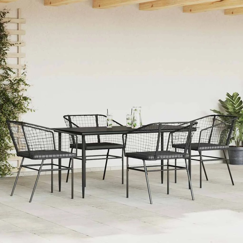 Conjunto de jantar jardim 5 peças almofadas vidro vime PE preto
