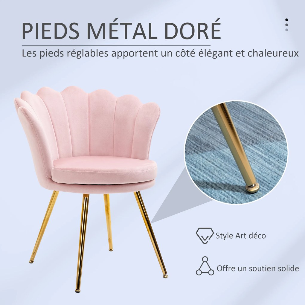 Cadeira de toucador ou sala jantarem forma de concha em veludo com pés em metal dourado 67 x 64  x 77  cm, rosa pálido