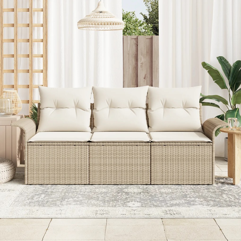 Conjunto de Sofá de Jardim de 3 Peças com Almofadas - Vime Polirattan