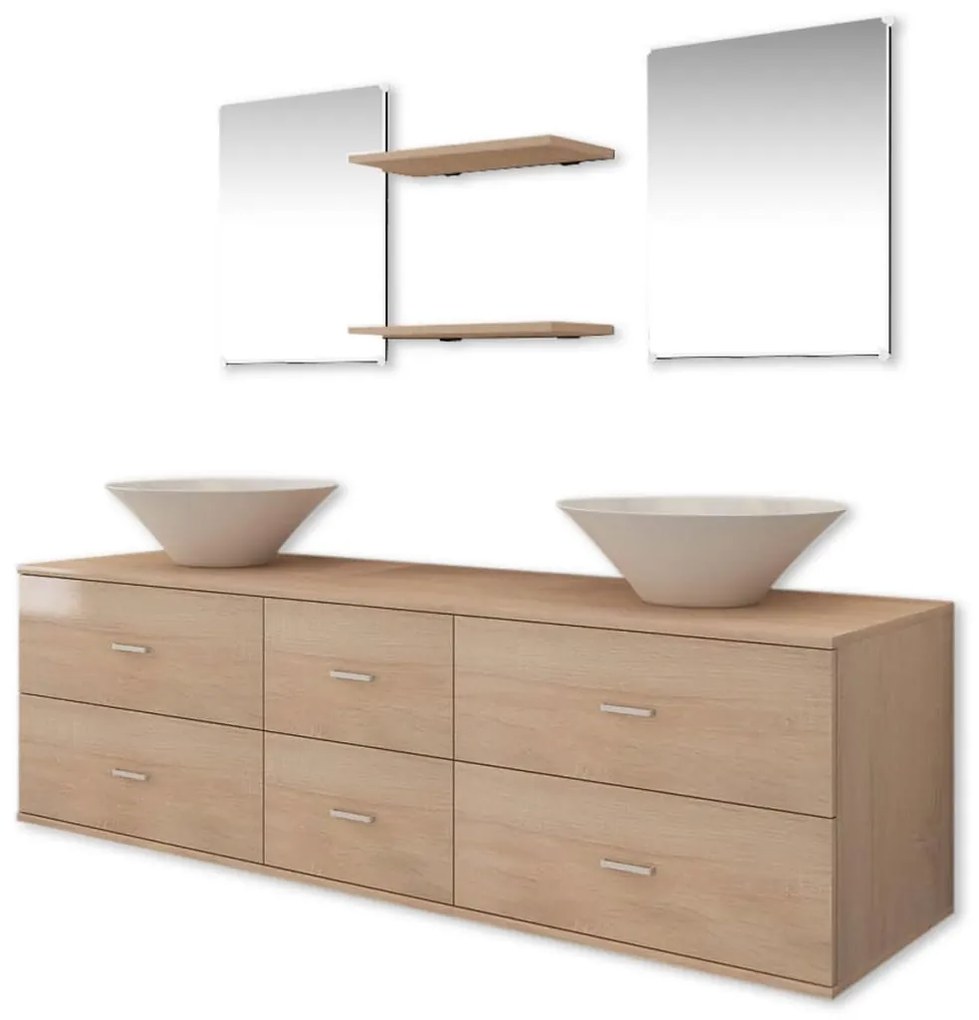 Conjunto móveis de WC + lavatório c/ torneira, 9 pcs, bege