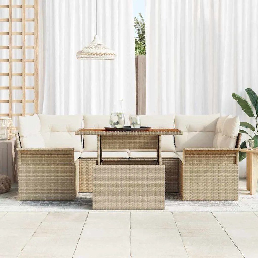 Conjunto de Sofá de Jardim de 7 Peças com Almofadas Beijinhas em Ratta