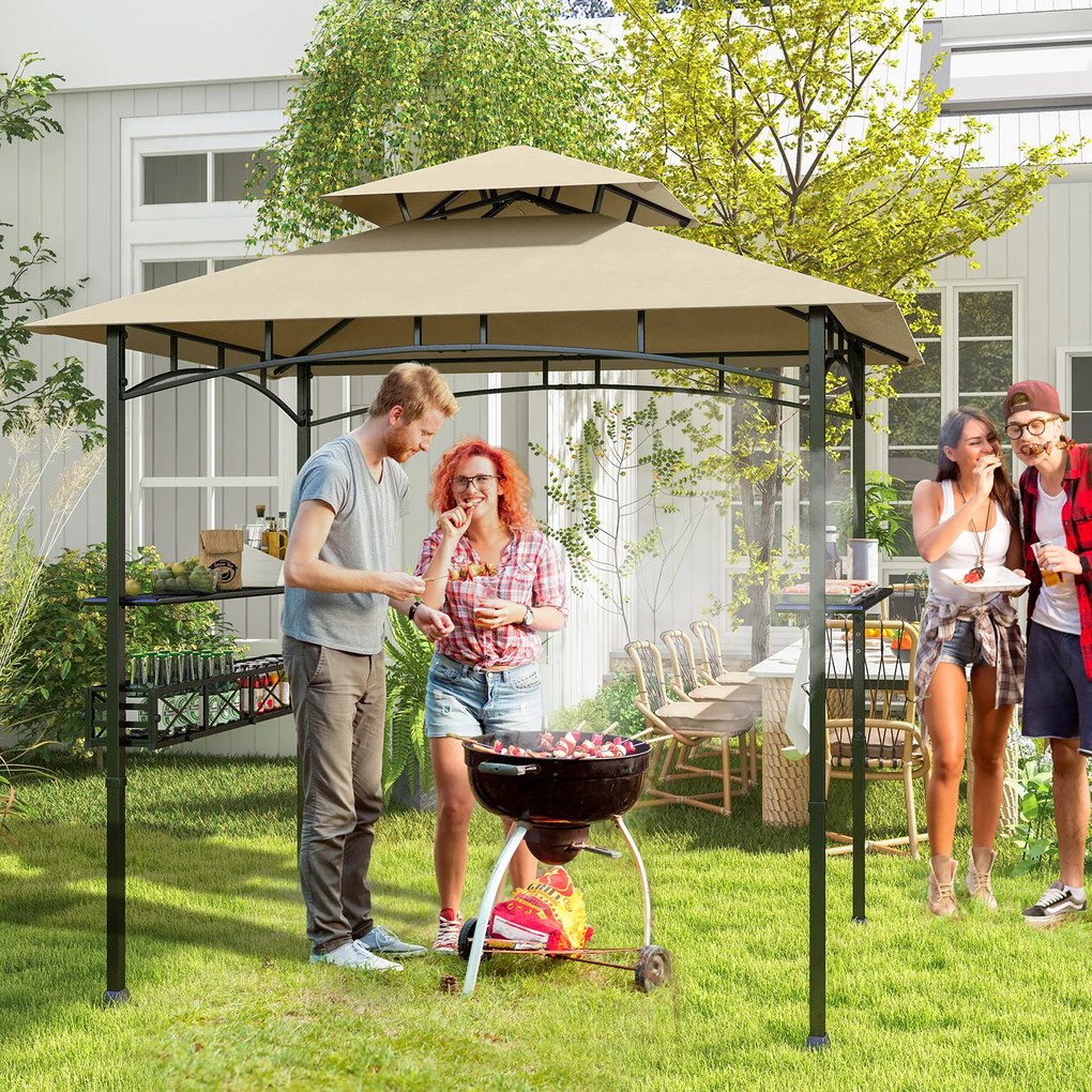Tenda 242 x 153 cm com 2 estantes laterais, cesto, ganchos e abridor de garrafas; Estrutura metálica para jardim ou pátio, cor bege