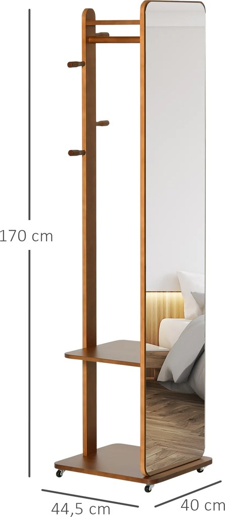 Espelho de pé com rodas 40 (L) x 44,5 (P) x 170 (A) cm com Cabide 4 ganchos e prateleira em MDF com acabamento em cor nogueira