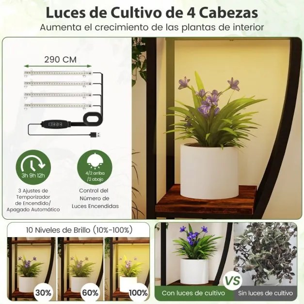 Suporte para plantas com lâmpadas de crescimento ajustáveis com 10 prateleiras e 3 ganchos Estante 127 x 30 x 160 cm Castanho e preto