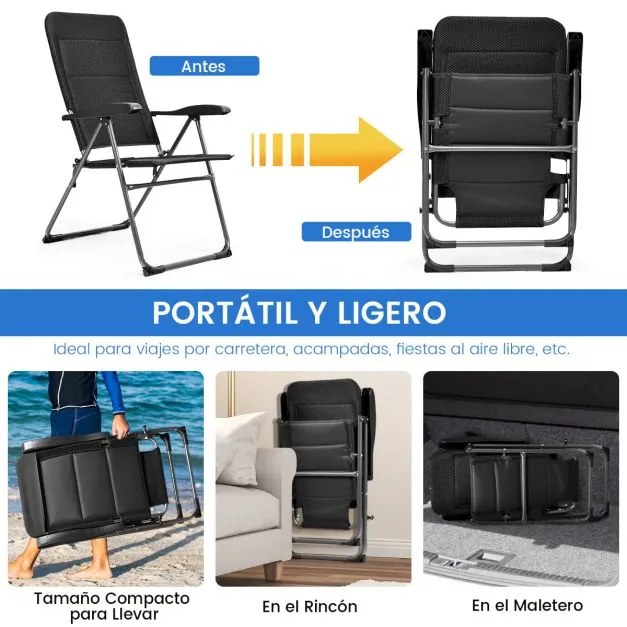 Conjunto de 2 Cadeiras de jardim almofadada com 7 posições de encosto ajustáveis Piscina Pátio Praia Pretas