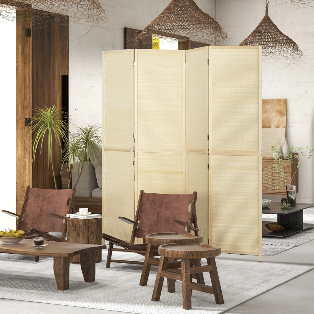 Biombo de bambu com 4 painéis, 180 x 180 cm, divisória dobrável para separar divisões - natural