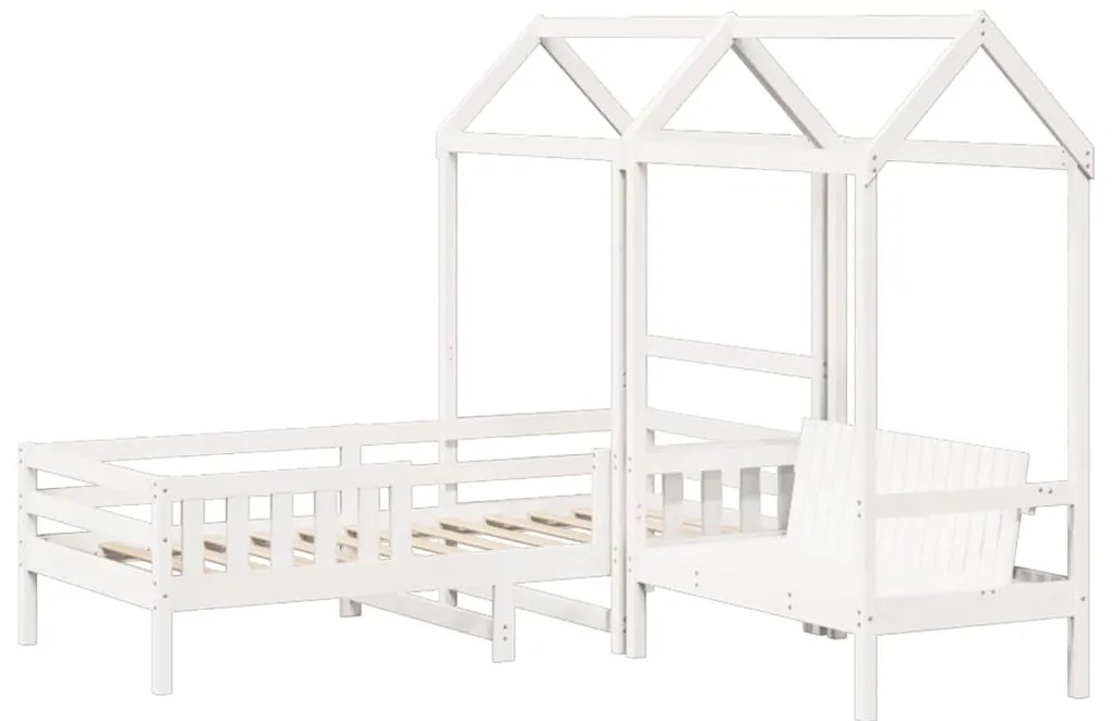 Conj. de cama e banco com telhado 90x200 cm pinho maciço branco
