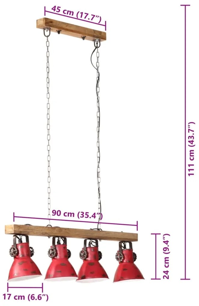 Candeeiro de teto 25 W 90x24x111 cm E27 vermelho desgastado