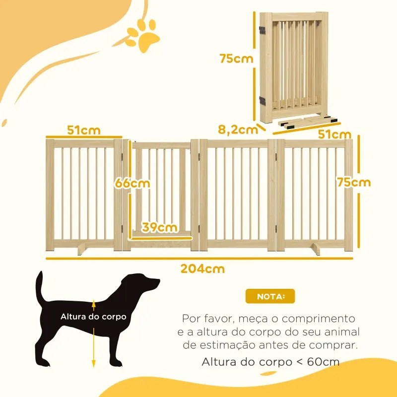 Barreira de Segurança 204x36x75 cm para Cães em Madeira Dobrável para Escadas e Portas para Cães Pequenos e Médios de 4 Painéis Madeira