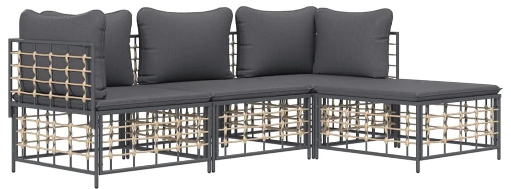 4 pcs conjunto lounge de jardim c/ almofadões vime PE antracite