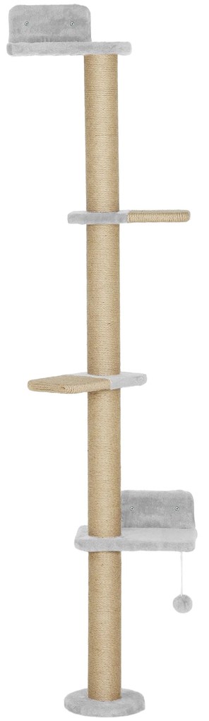 PawHut Arranhador para Gatos de Parede de 5 Níveis Estreito com Bola e Arranhadores de Sisal 48x21x180 cm Cinza Claro | Aosom Portugal