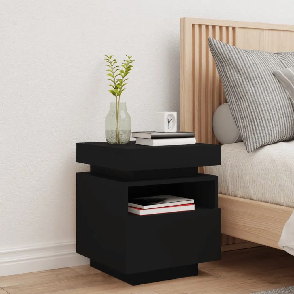 Mesa de cabeceira com luzes LED 40x39x48,5 cm preto