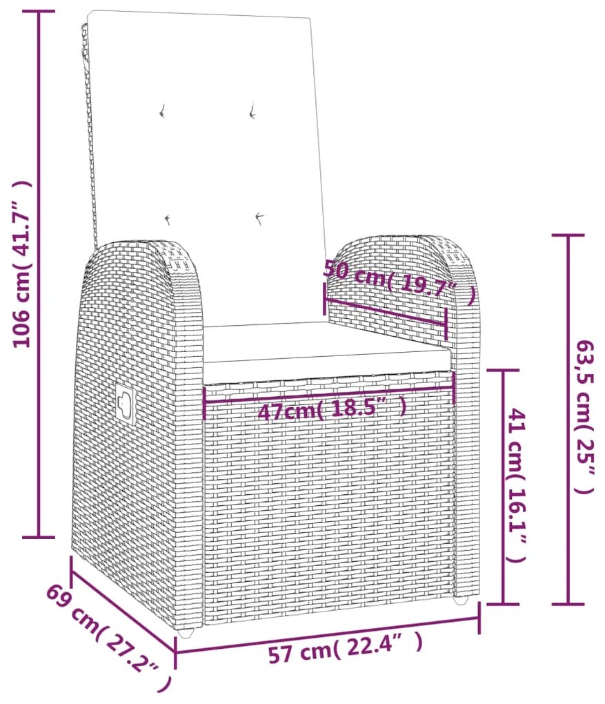 7 pcs conjunto de jantar p/ jardim c/ almofadões vime PE cinza