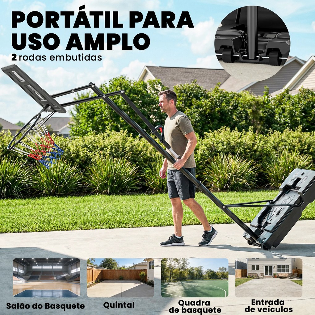 Tabela de Basquetebol para Exterior com Rodas, Altura Ajustável (2,35-3,05 m), Base Preenchível e Bolsa de Peso, Cor Preto