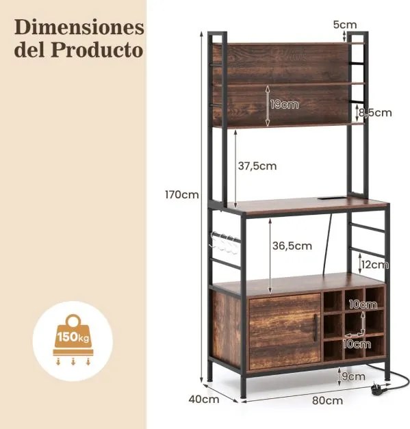 Armario de cozinha 80 x 40 x 170 cm com 2 tomada e 2 portas USB, com ganchos e prateleiras para garrafas de vinho 80 x 40 x 170 cm Castanho