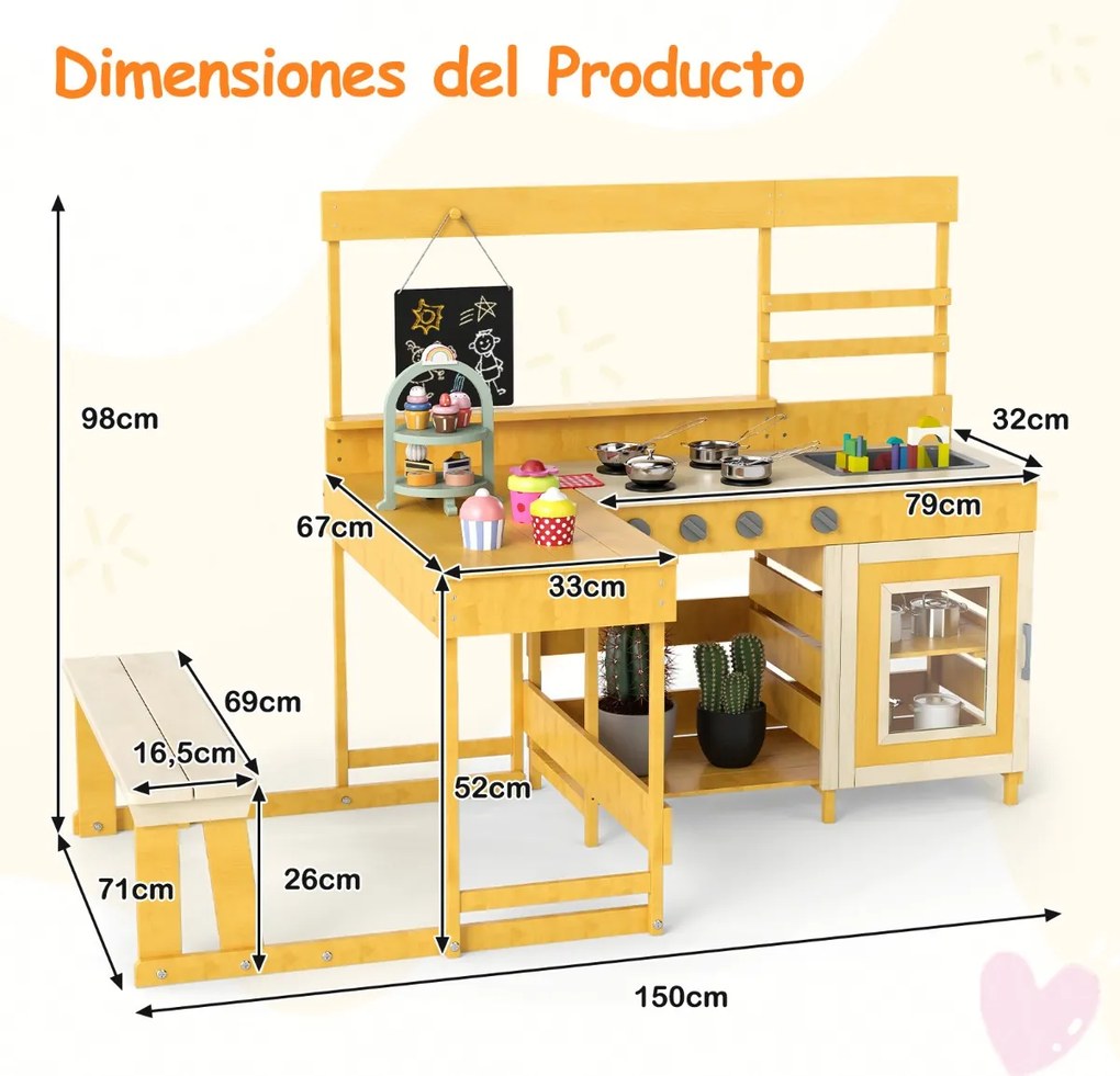 Cozinha de brincar com mesa de piquenique para crianças de madeira de abeto com banco Quadro negro Acessórios Utensílios Amarelo
