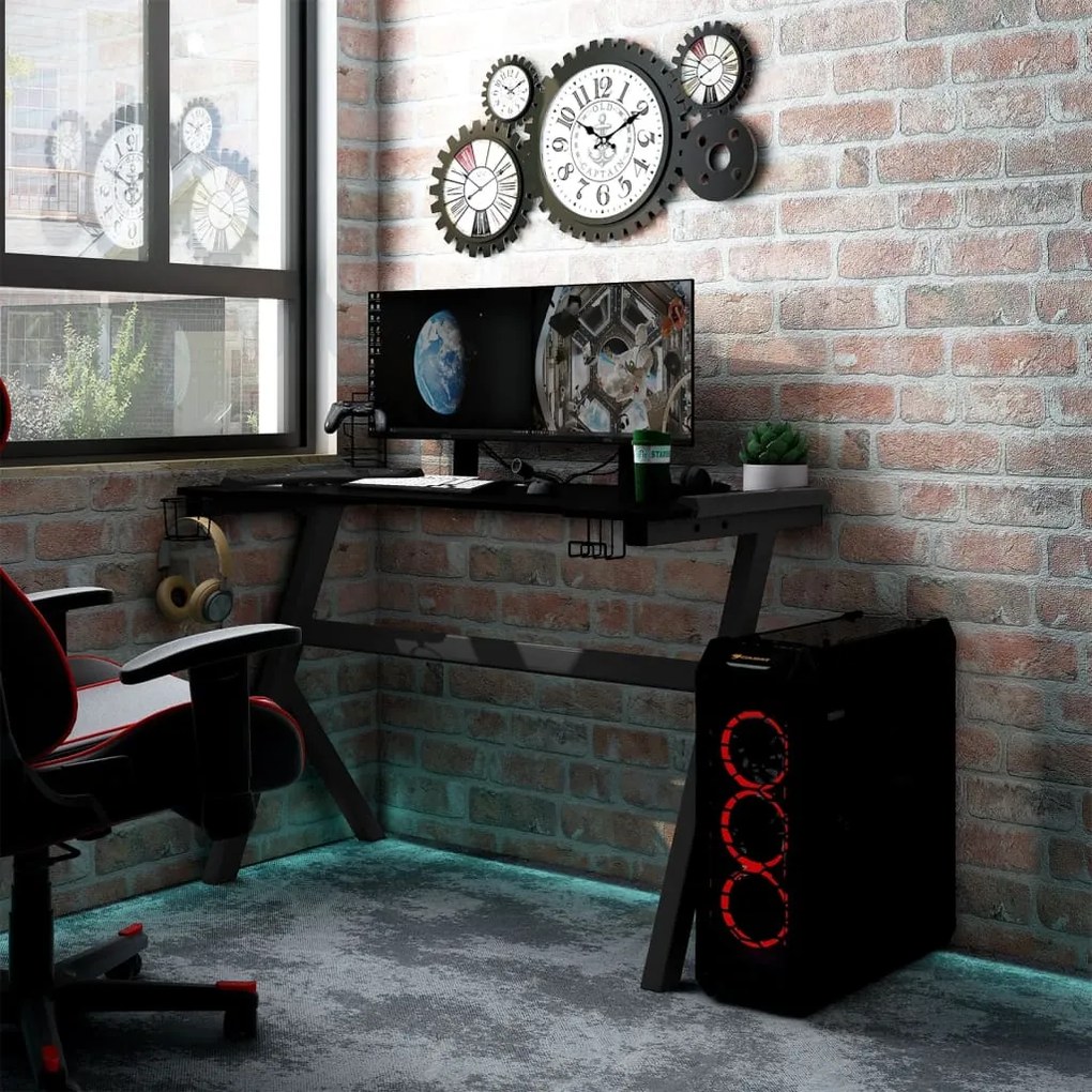 vidaXL Secretária de gaming c/ luzes LED forma de Y 90x60x75 cm preto
