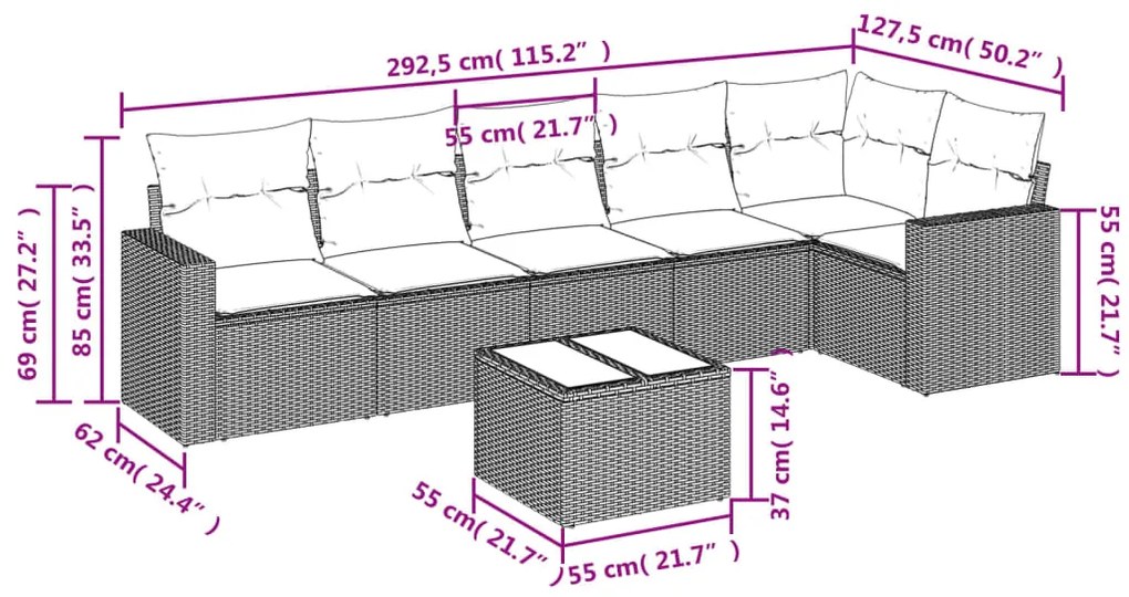 7 pcs conjunto de sofás p/ jardim com almofadões vime PE bege