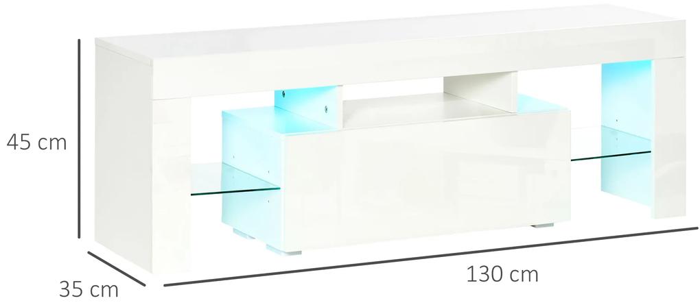 Móvel de TV Moderno Móvel de Sala de Estar para Televisão com Luzes LED com Controle Remoto Prateleiras de Vidro Ajustáveis e Gaveta 130x35x45cm Branc