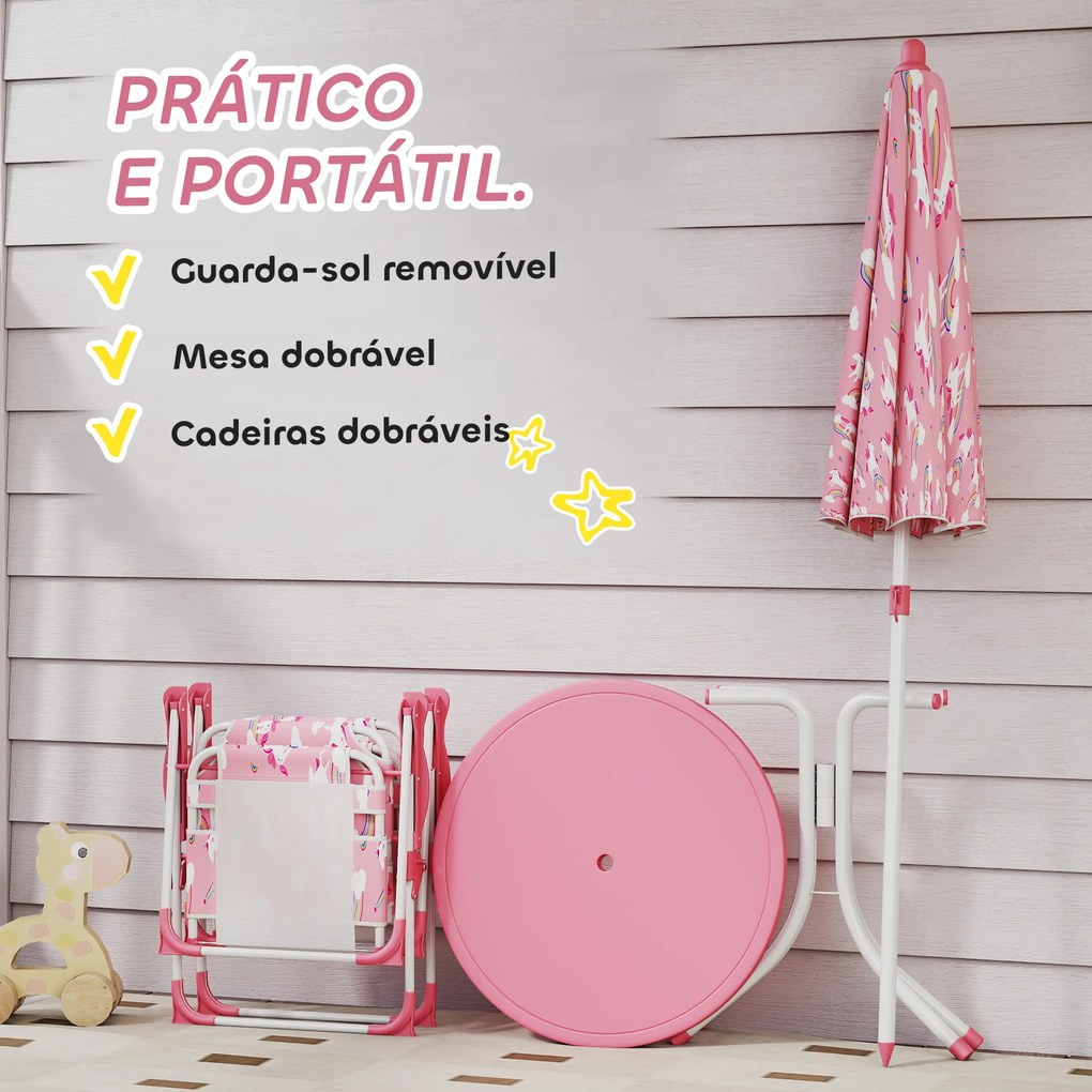 Conjunto Infantil de Mesa e Cadeiras de Jardim de 4 Peças Cadeiras Dobráveis Chapéu de Sol Desmontável Design Unicórnios Rosa