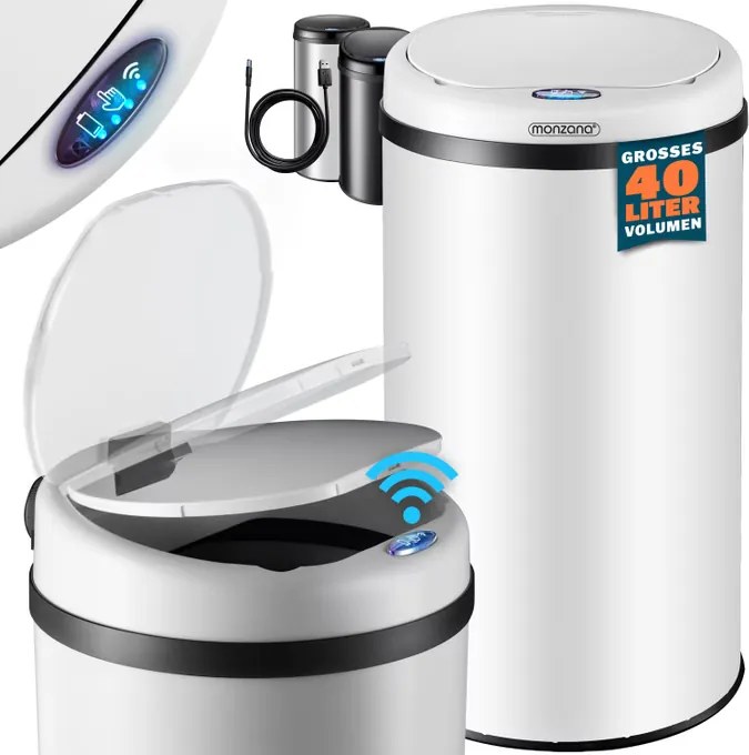 Caixote do lixo em aço inoxidável com sensor e até 40 L, Ø30 x 69 cm Branco