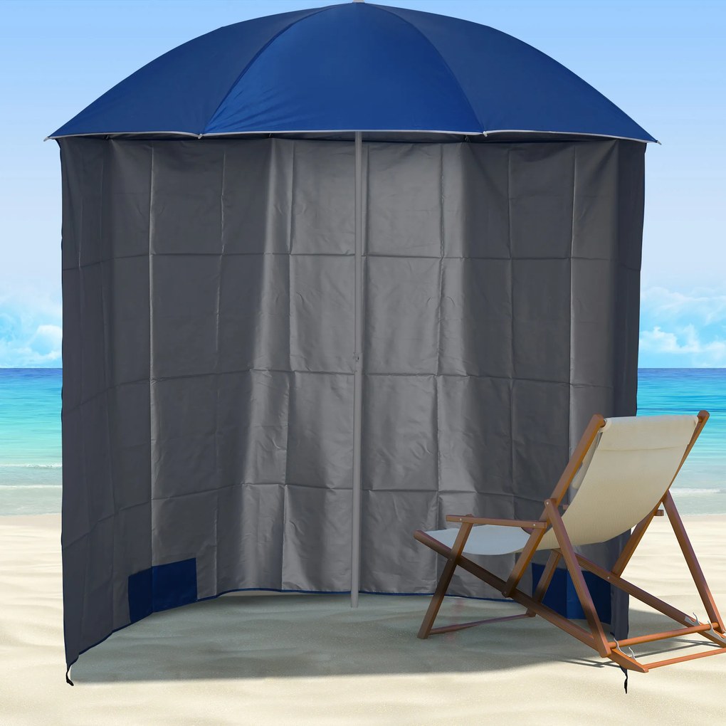 Chapéu de Sol de Praia com Painel Lateral Ø220x220 cm com Manivela Manual 8 Hastes de Aço e Bolsa de Transporte Azul